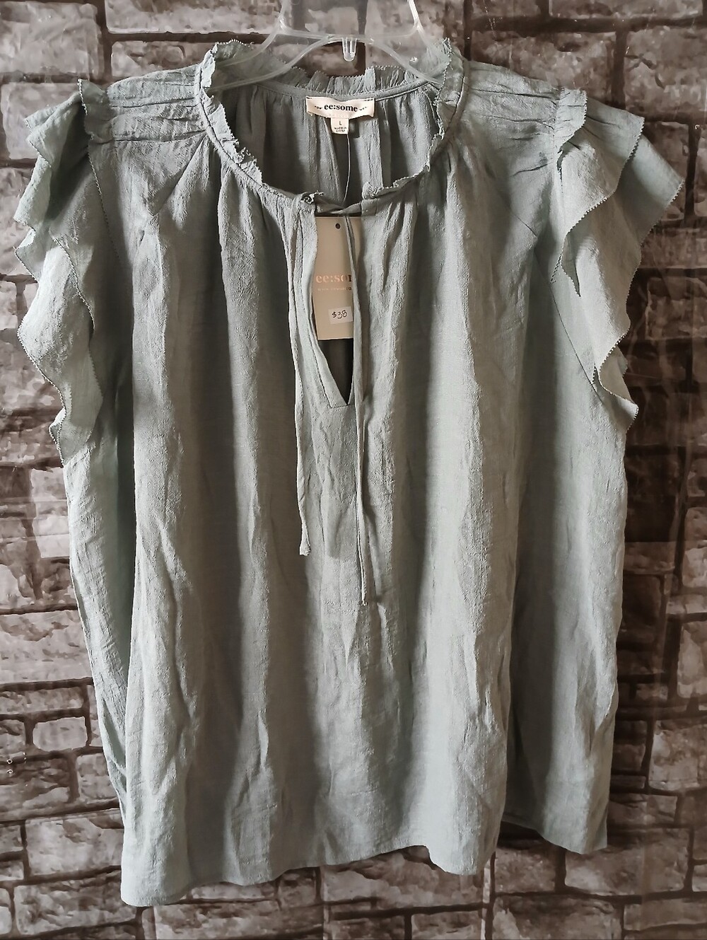 eesome Light Sage Ruffle Tie-Neck Blouse